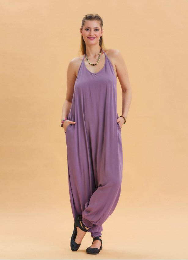 Lilac Bohemian Jumpsuit with Elasticated Legs and Tied Neck 4486